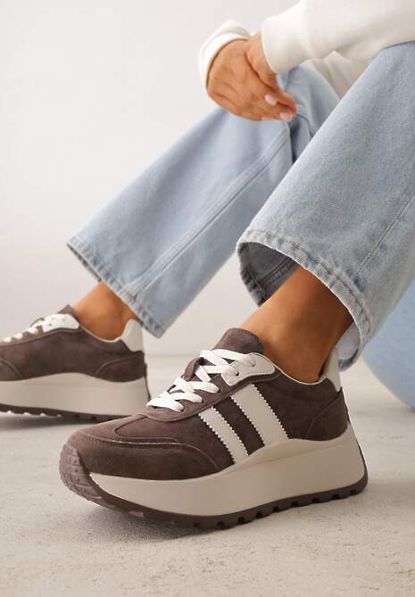 Brązowe Sneakersy ze Skóry Naturalnej na Platformie Cezella - Renee
