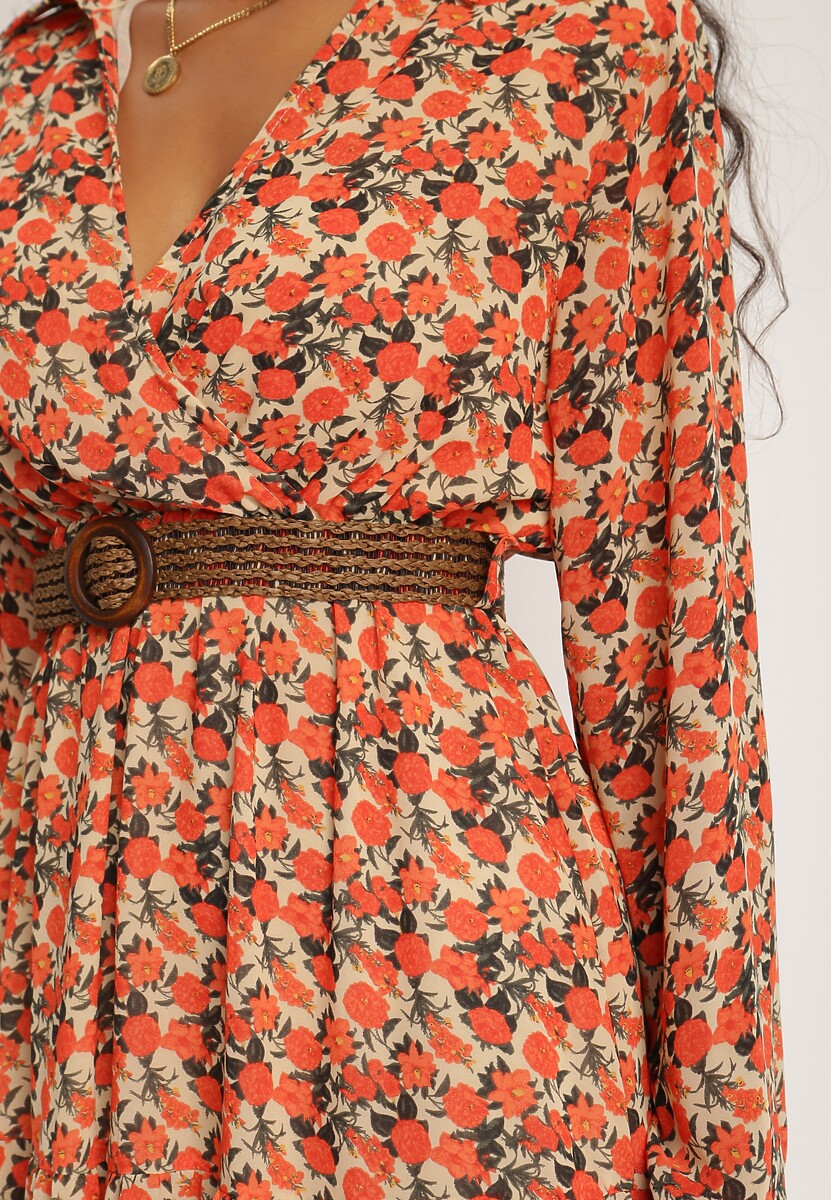 Beżowo-Pomarańczowa Sukienka Z Paskiem Asikias