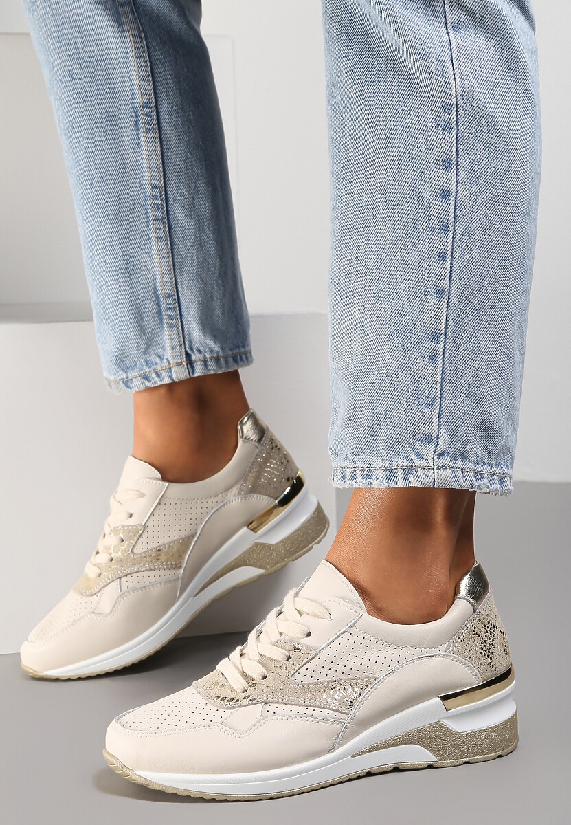 Beżowo-Złote Skórzane Sneakersy Damano 1