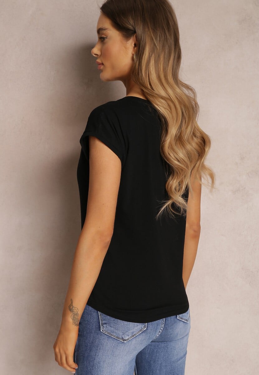 Czarny Tshirt Bawełniany z Ażurową Wstawką na Ramionach Anon Renee