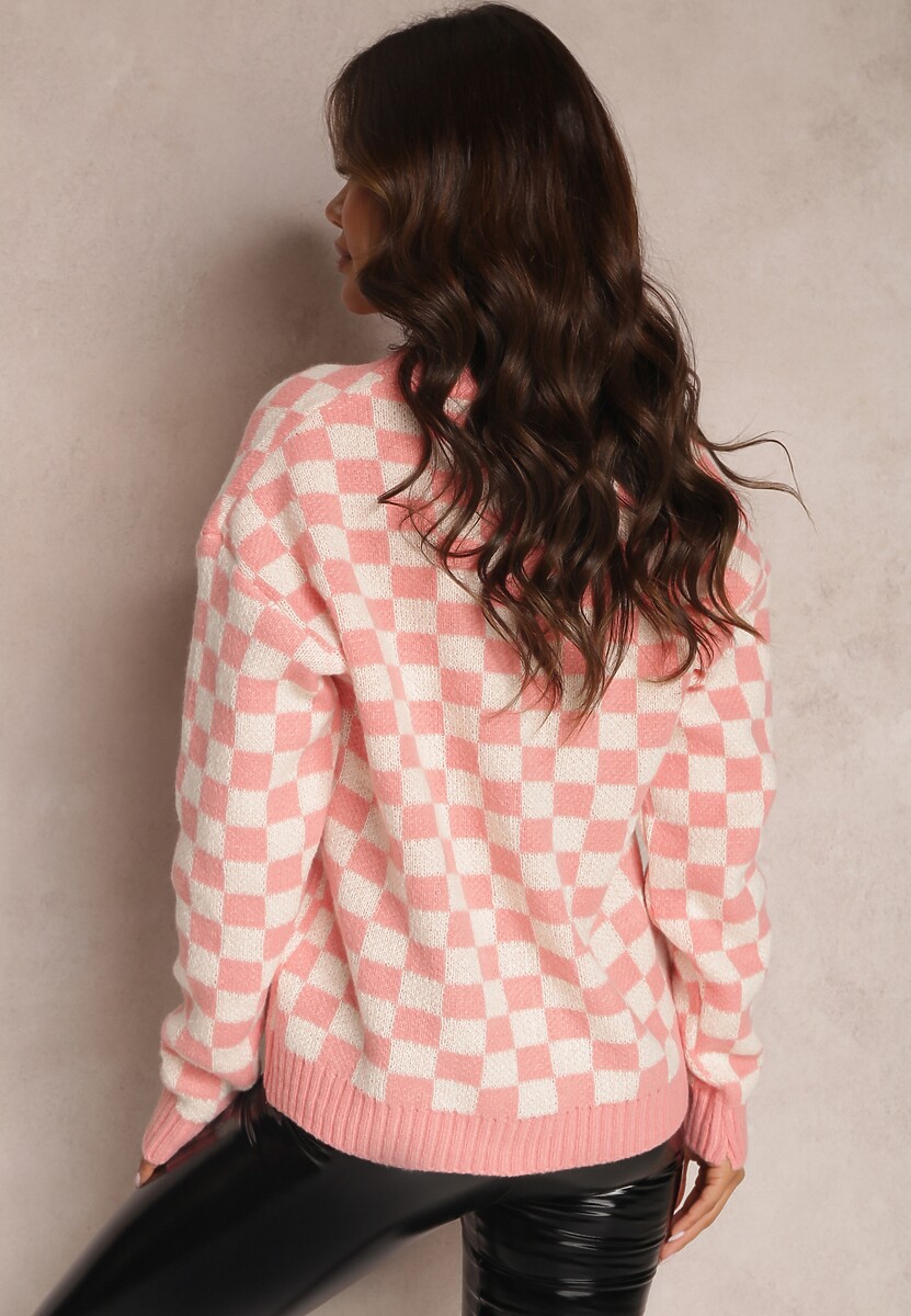 Różowy Kardigan Oversize w Szachownicę Etaeil 3
