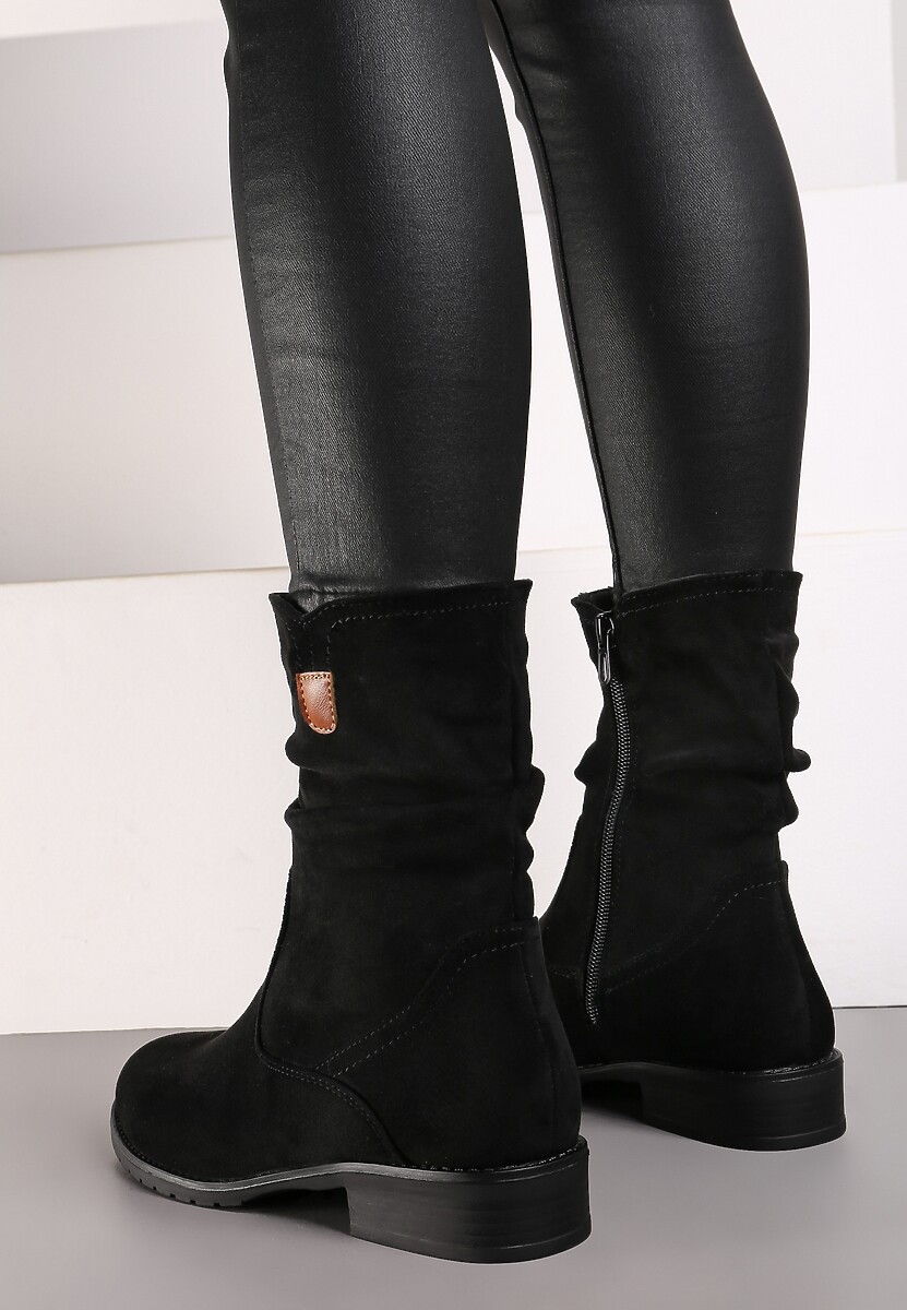 Botine Negre din Imitatie de Camoscio cu Carâmb Mid-Calf și Pliu Alemipahe 3