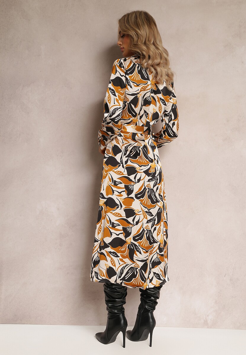 Beżowo-Czarna Satynowa Sukienka Koszulowa z Materiałowym Paskiem Gahi 3