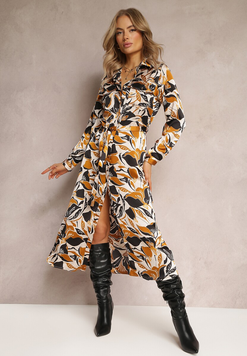 Beżowo-Czarna Satynowa Sukienka Koszulowa z Materiałowym Paskiem Gahi 1