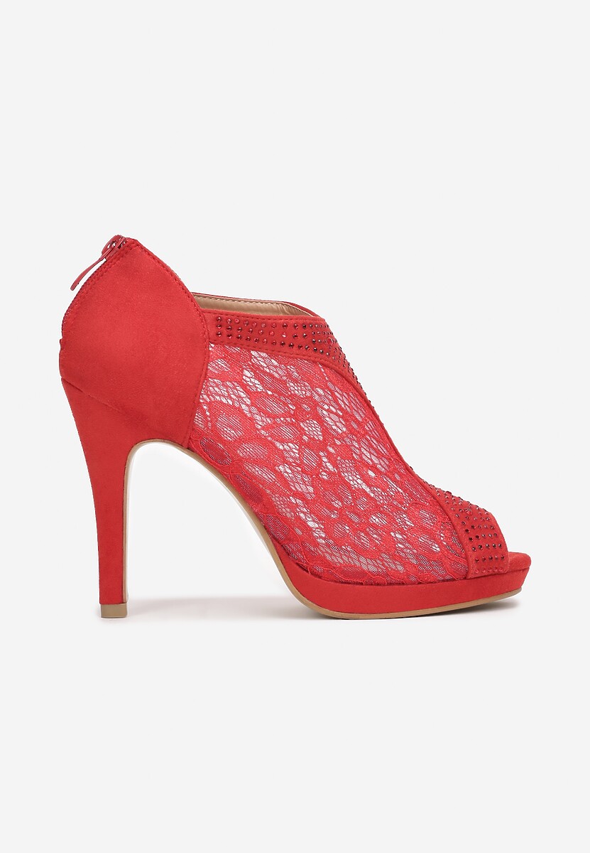 Czerwone Botki Koronkowe Peep Toe na Szpilce Kidillel 3