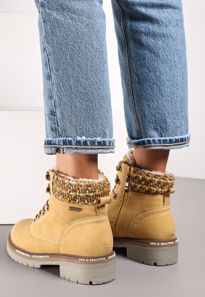 Beżowe Traperki Sznurowane na Grubej Podeszwie Sige 2