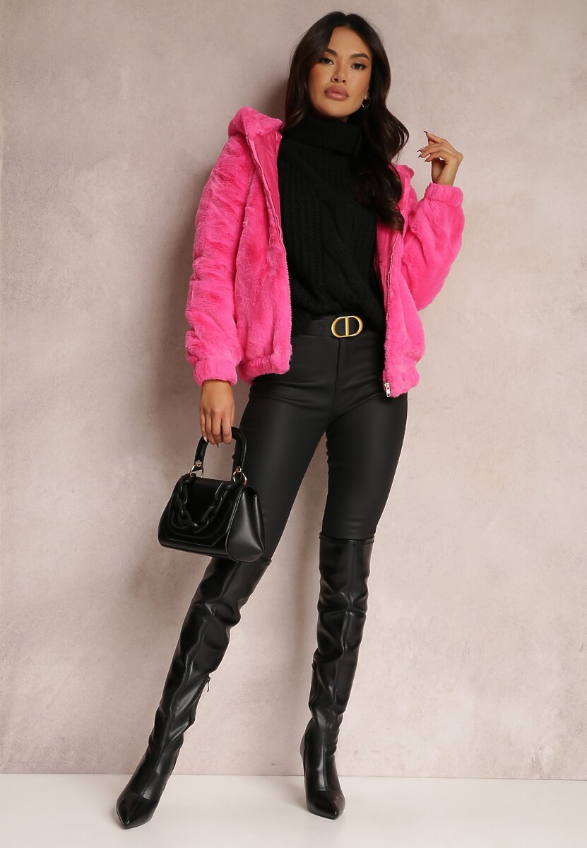 Jachetă roz fucsia cu glugă din blană Teddy oversize pufoasă 3