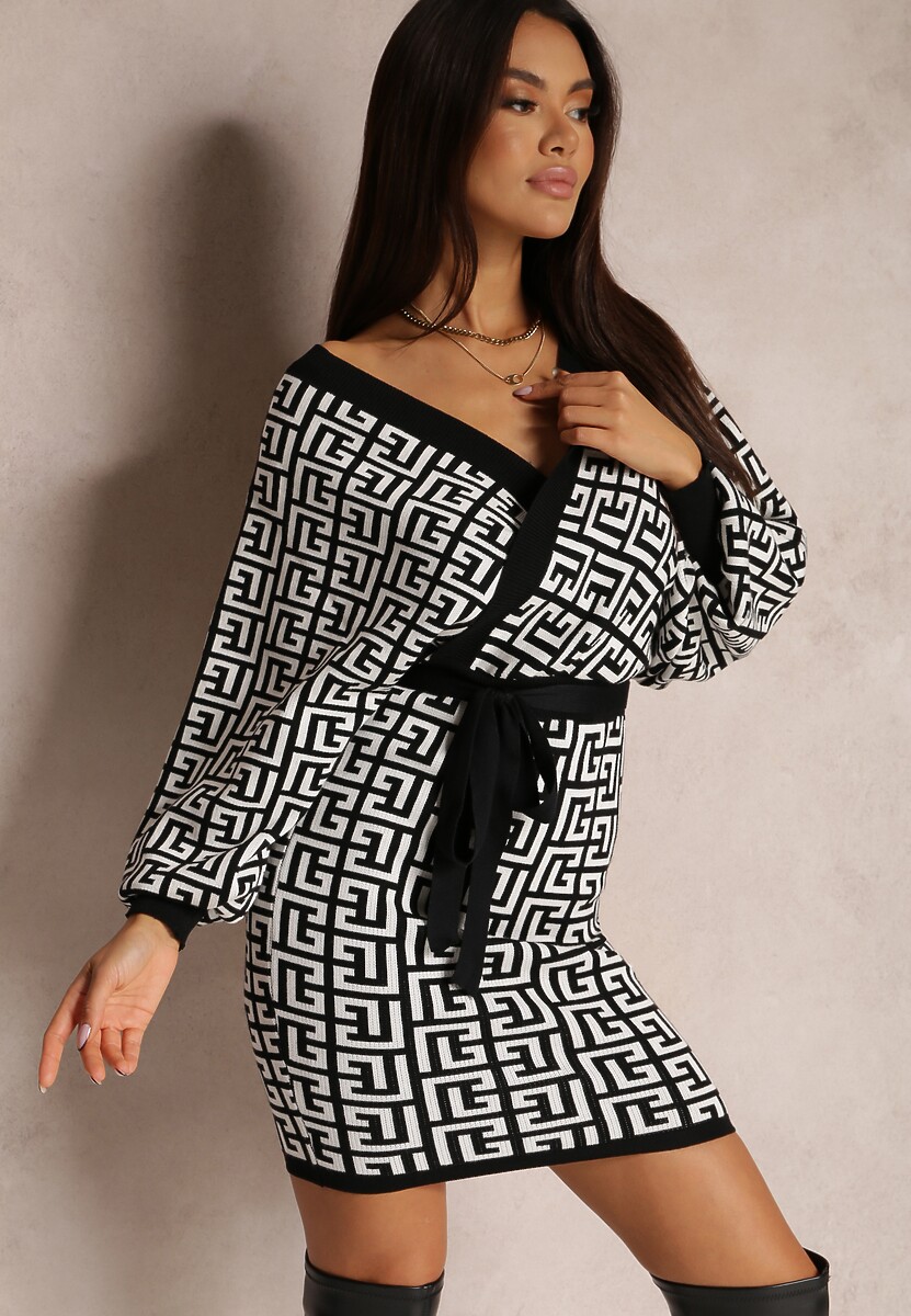 Biała Sukienka Kopertowa Sweterkowa z Wiązanym Paskiem Naja 1