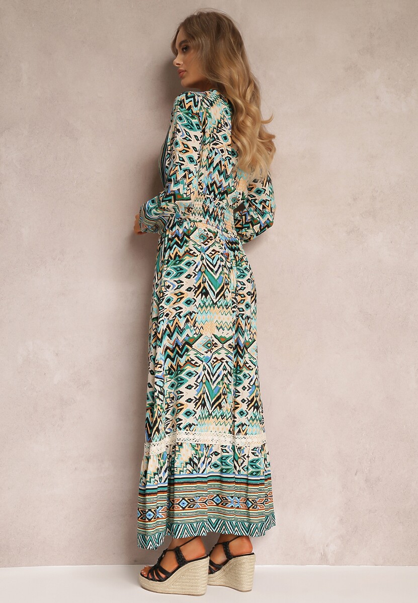 Rochie verde cu elastic în talie model etnic Kapha 3