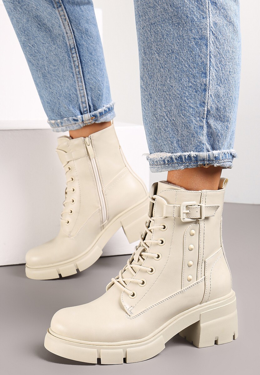 Beżowe Botki Workery na Kwadratowym Obcasie z Klamerką Fella 2