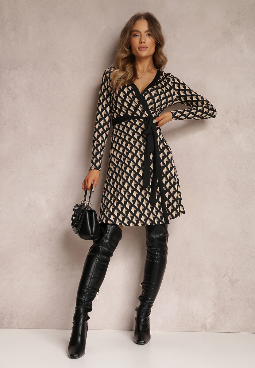 Rochie bej tip creion cu imprimeu geometric Feozie 2