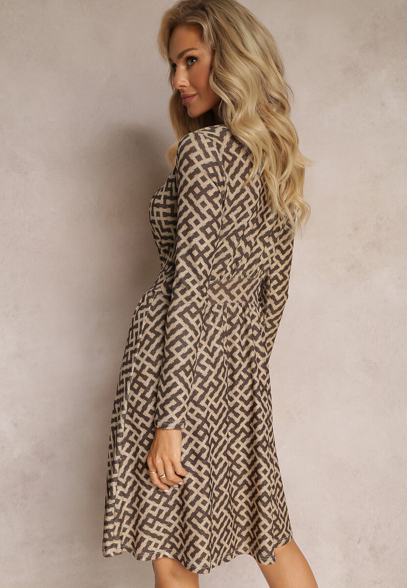 Rochie Bej-Mar Maro cu Model Geometric și Fir Metalic Mairol 3