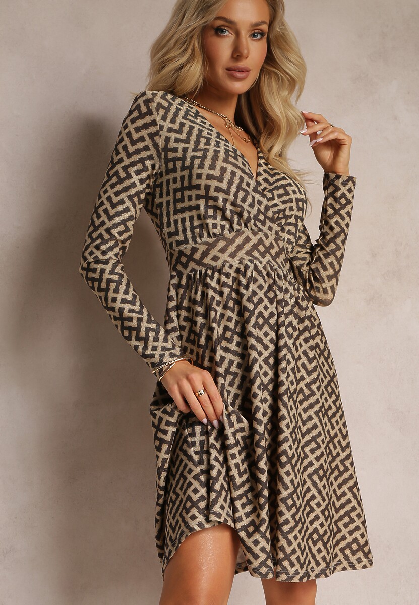 Rochie Bej-Mar Maro cu Model Geometric și Fir Metalic Mairol 1