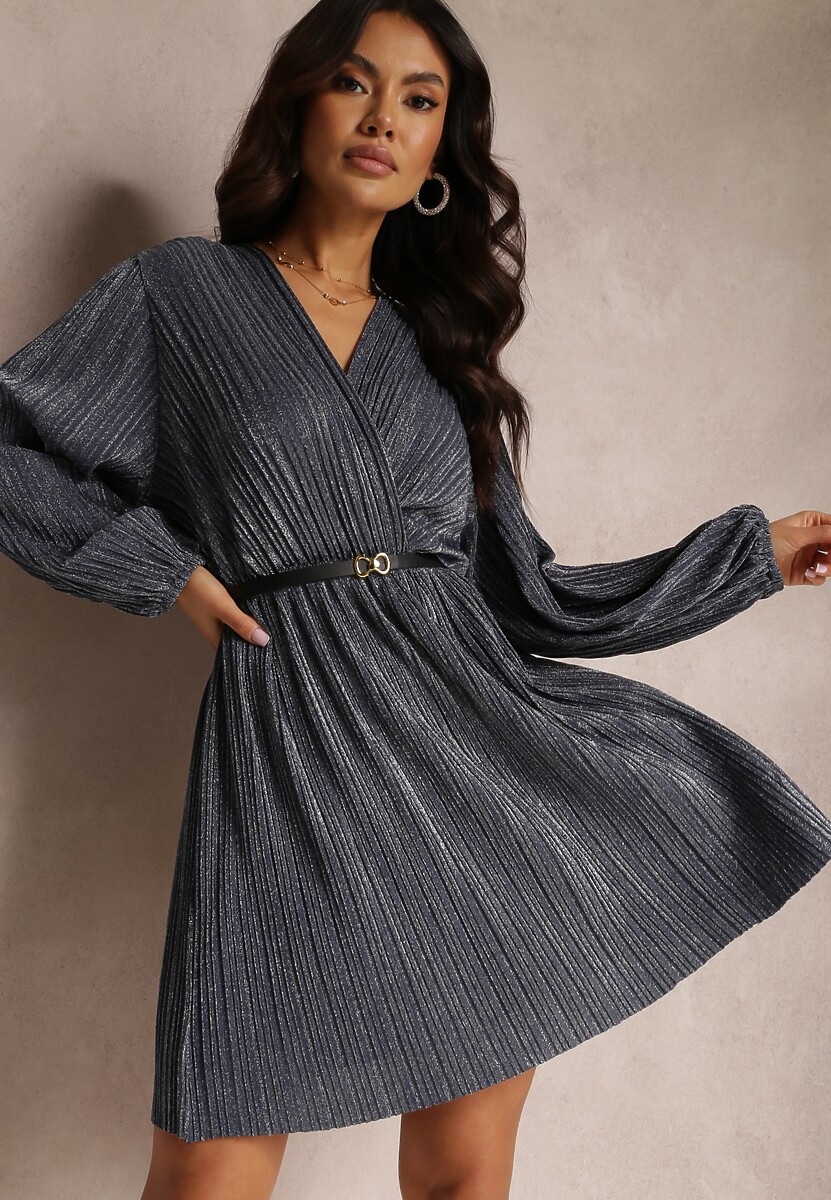 Granatowa Sukienka Metaliczna Plisowana z Paskiem Fonelle 1