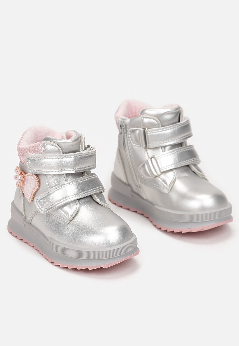 Srebrne Metaliczne Traperki Sneakersy z Ozdobnymi Aplikacjami Zapinane na Rzep Rielara 2
