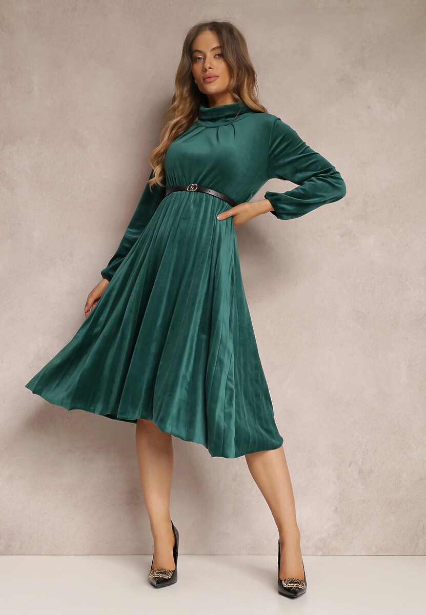 Zielona Sukienka z Plisowanym Dołem i Paskiem Cissi