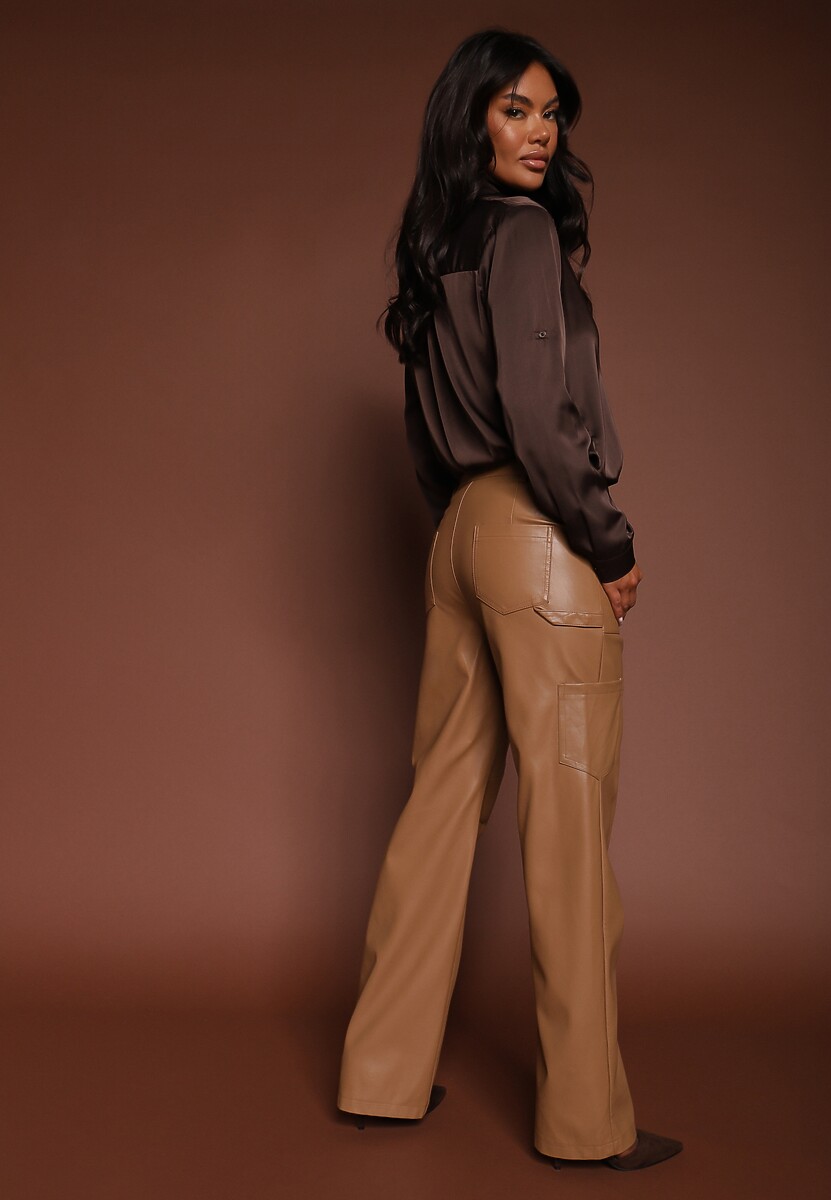 Bej închis Pantaloni din imitație de piele largi Narash 3