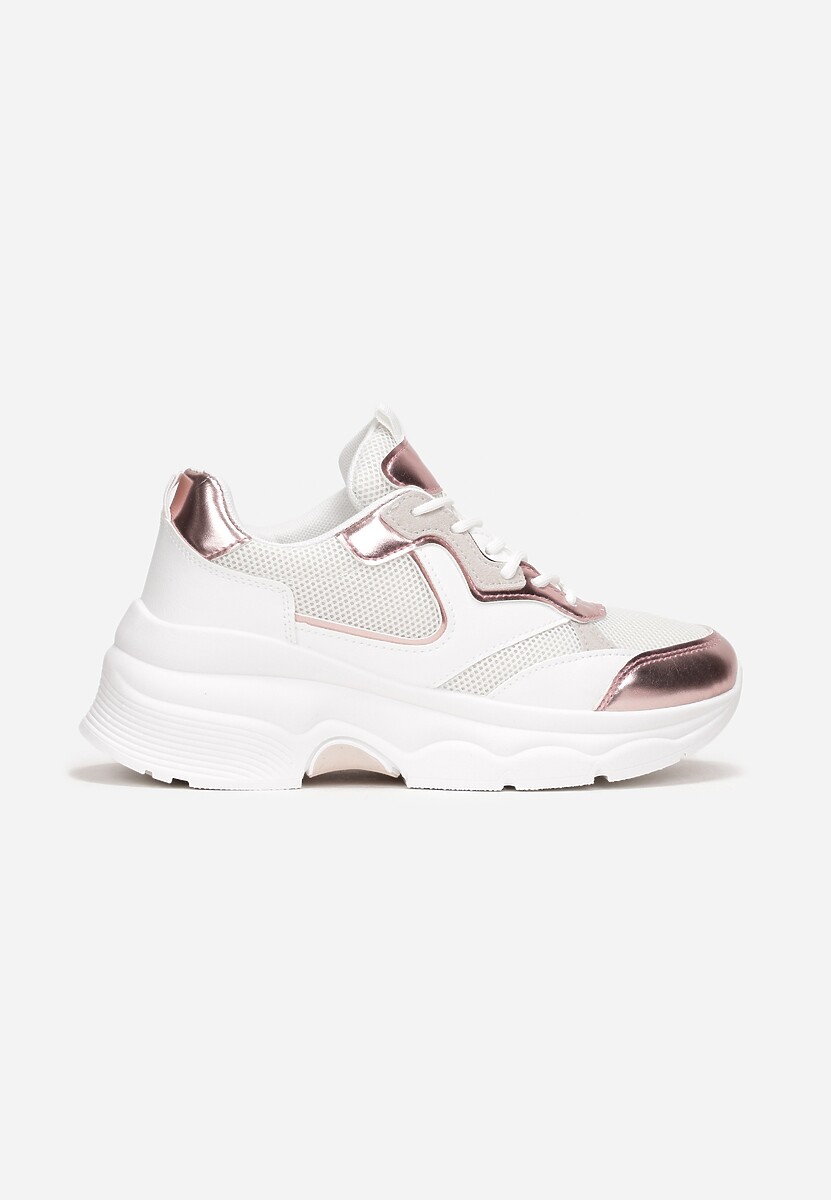 Biało-Szampańskie Sneakersy Sznurowane z Metalicznymi Wstawkami Gearis 3