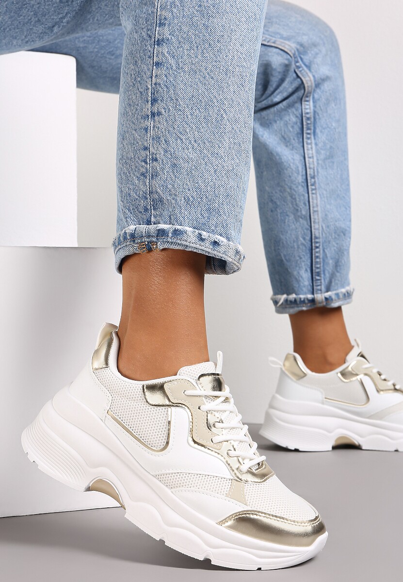 Biało-Złote Sneakersy Sznurowane z Metalicznymi Wstawkami Gearis 1