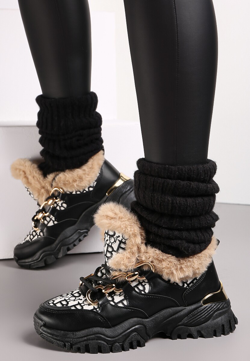 Czarne Sneakersy Sznurowane z Futerkiem i Metalicznymi Wstawkami Saffrin 2