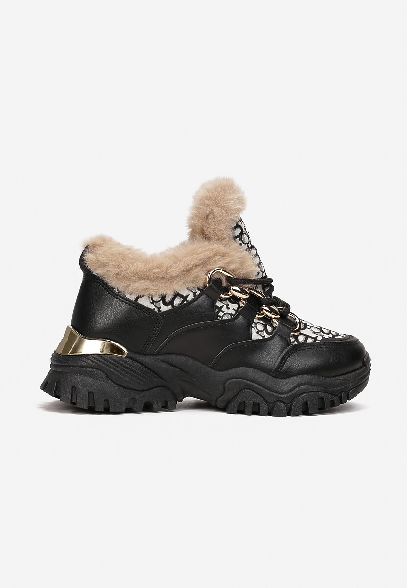 Czarne Sneakersy Sznurowane z Futerkiem i Metalicznymi Wstawkami Saffrin 3