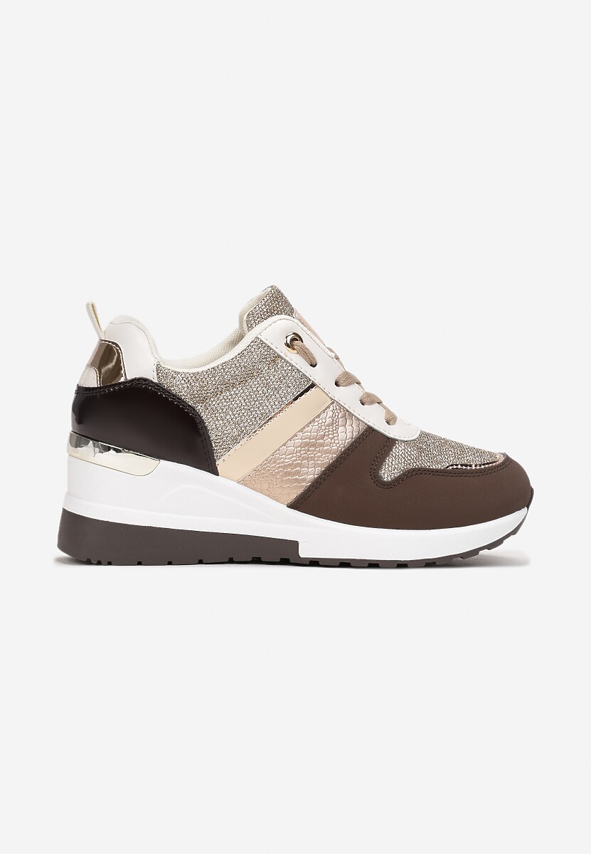 Szampańskie Sznurowane Sneakersy z Ozdobnymi Wstawkami i Koturnem Zharo 3