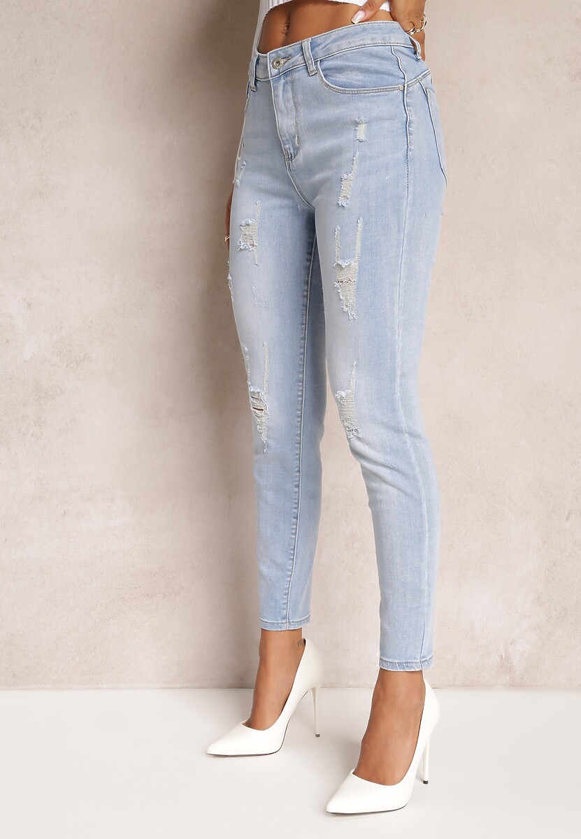 Jasnoniebieskie Jeansy Skinny z Regularnym Stanem i Przetarciami Arline 1