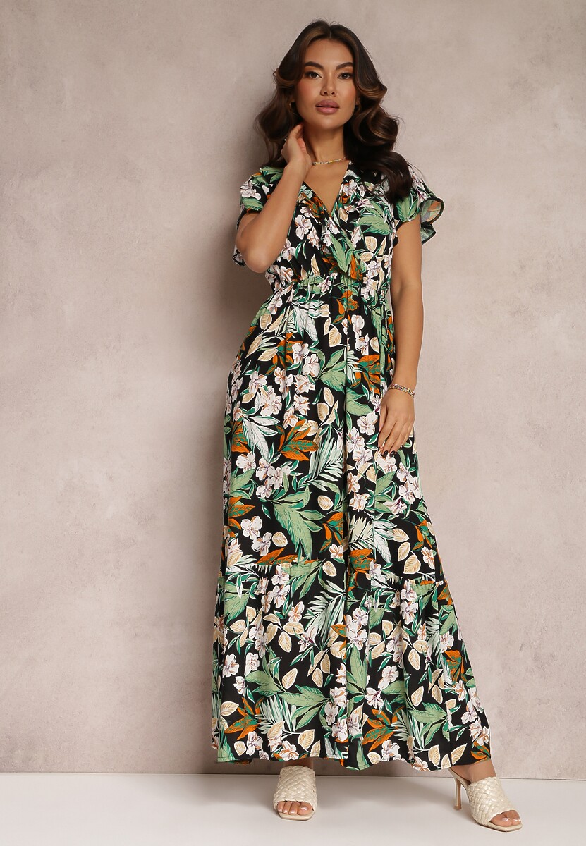 Rochie verde din viscoză maxi cu flori Mahiza 1
