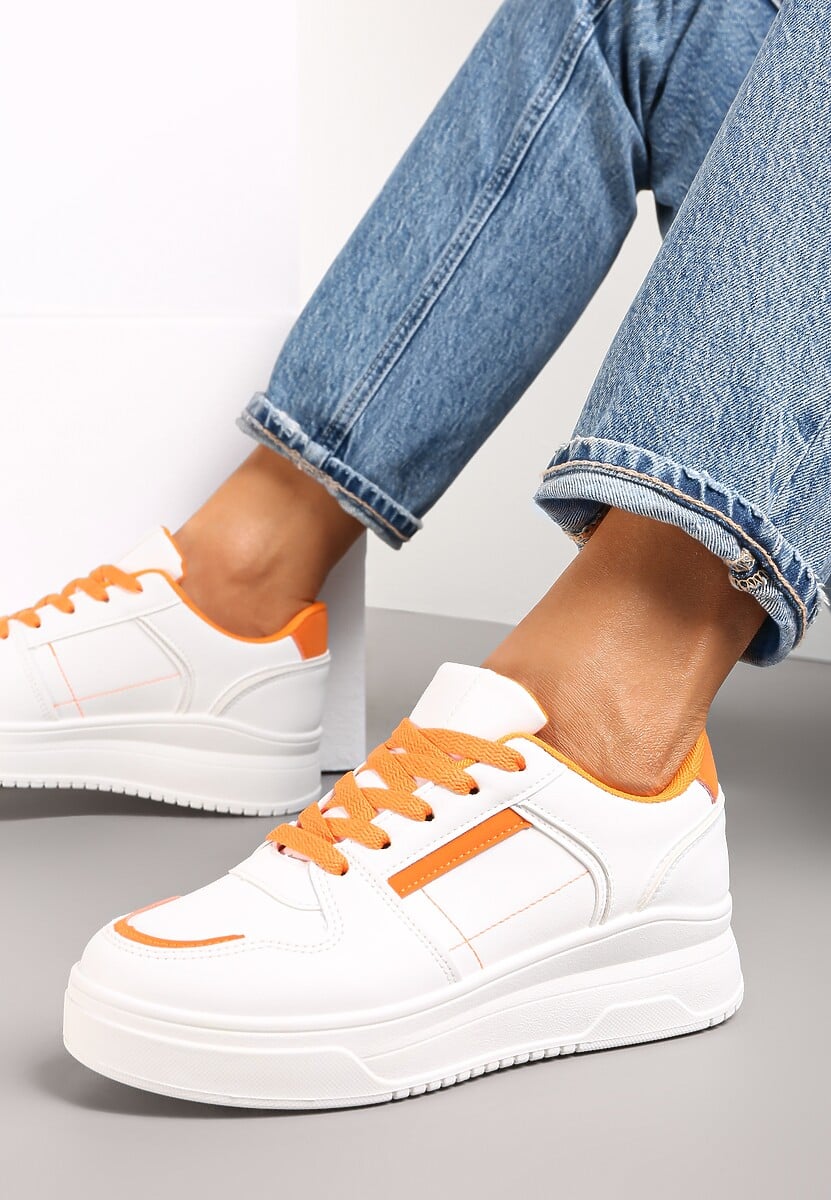Biało-Pomarańczowe Sznurowane Sneakersy na Grubej Podeszwie Cesohenn 1