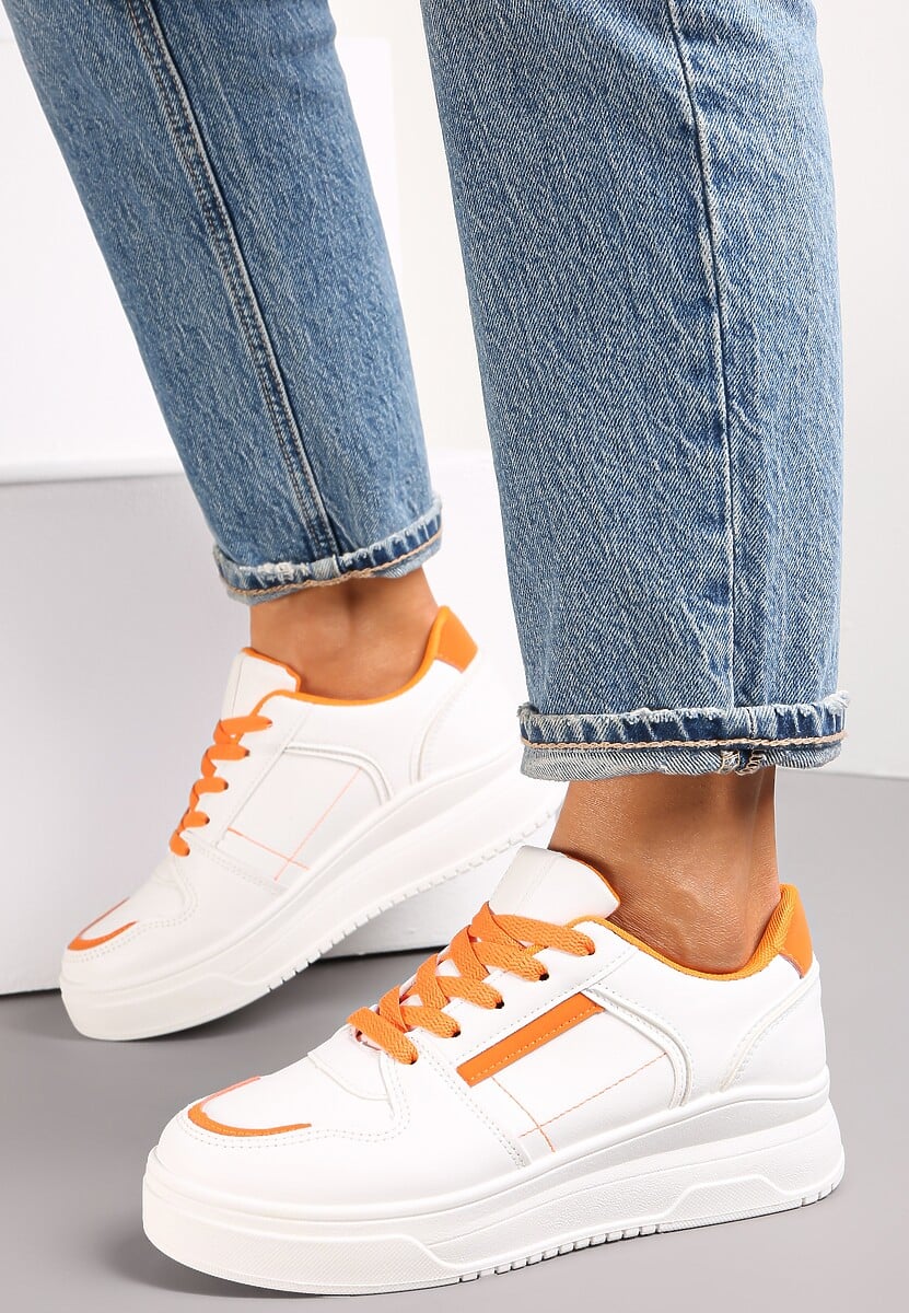 Biało-Pomarańczowe Sznurowane Sneakersy na Grubej Podeszwie Cesohenn 2