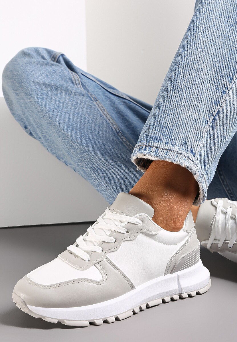 Biało-Szare Sneakersy na Płaskiej Podeszwie z Wycięciami Higis 2