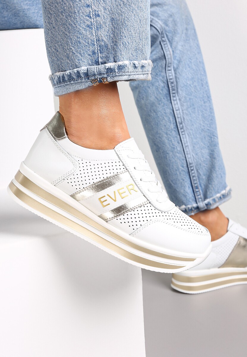 Biało-Złote Skórzane Sneakersy z Metaliczną Wstawką Cesmeh 1