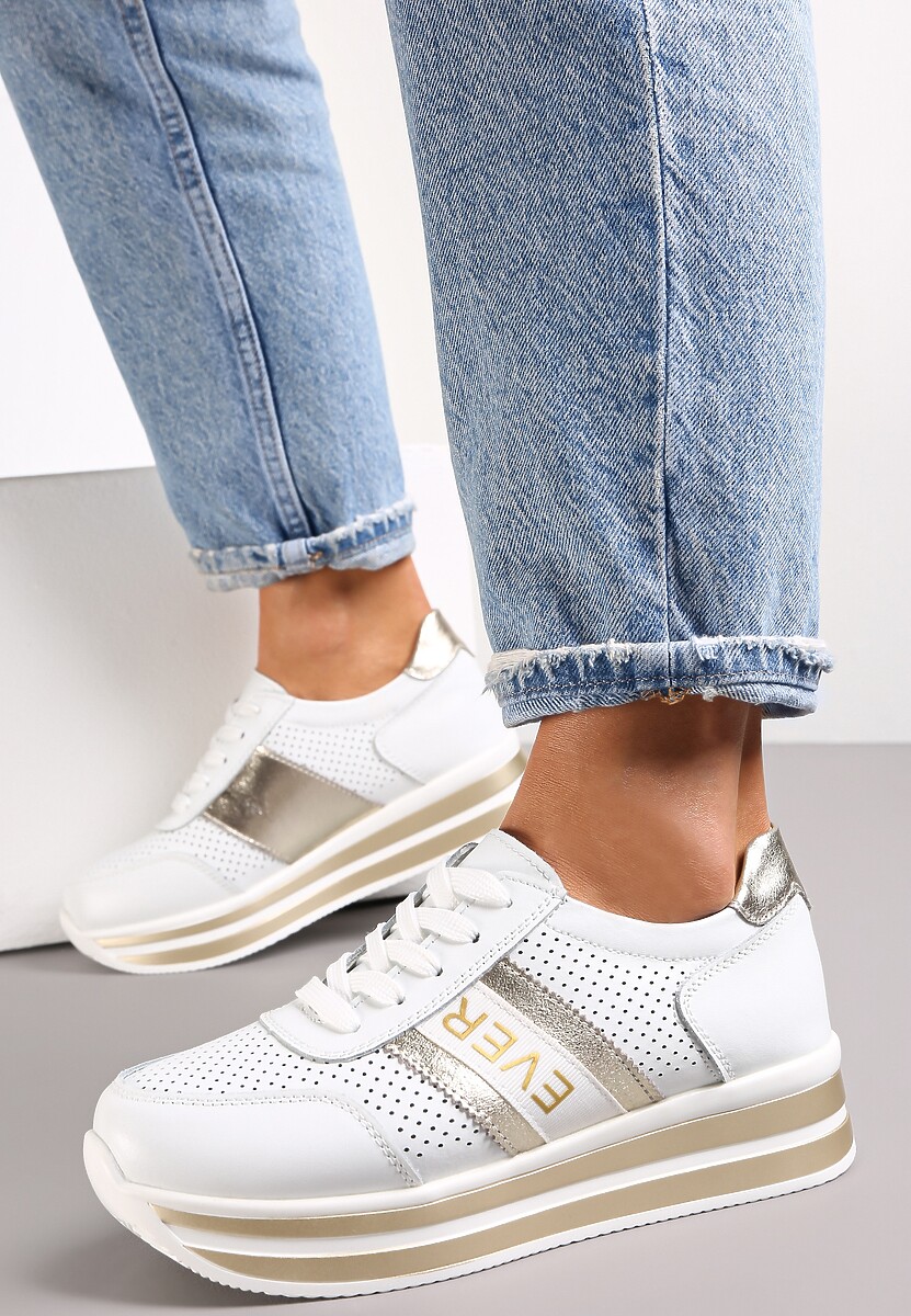 Biało-Złote Skórzane Sneakersy z Metaliczną Wstawką Cesmeh 2