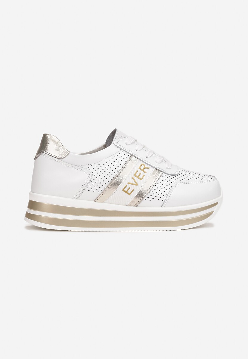 Biało-Złote Skórzane Sneakersy z Metaliczną Wstawką Cesmeh 3