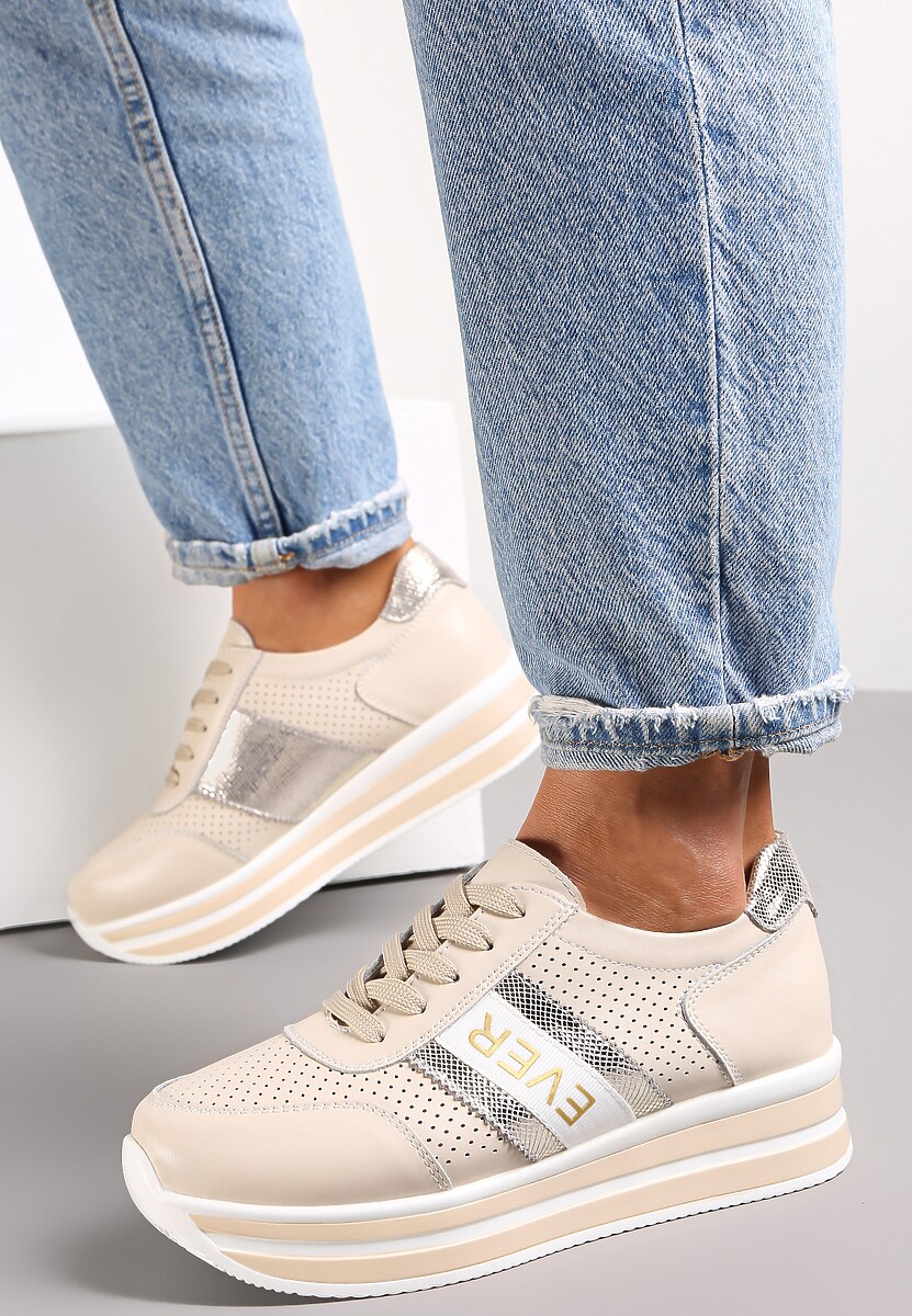 Beżowo-Złote Skórzane Sneakersy z Metaliczną Wstawką Cesmeh 1
