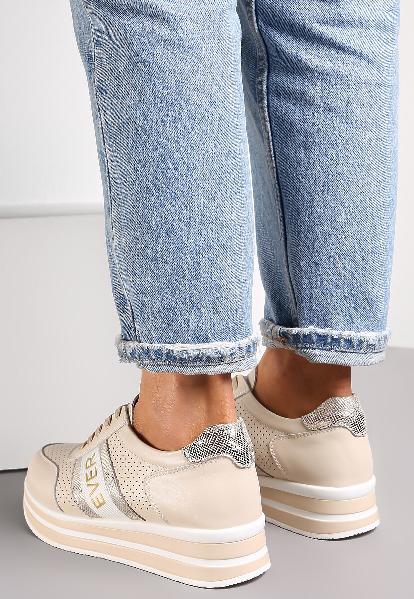 Beżowo-Złote Skórzane Sneakersy z Metaliczną Wstawką Cesmeh 2