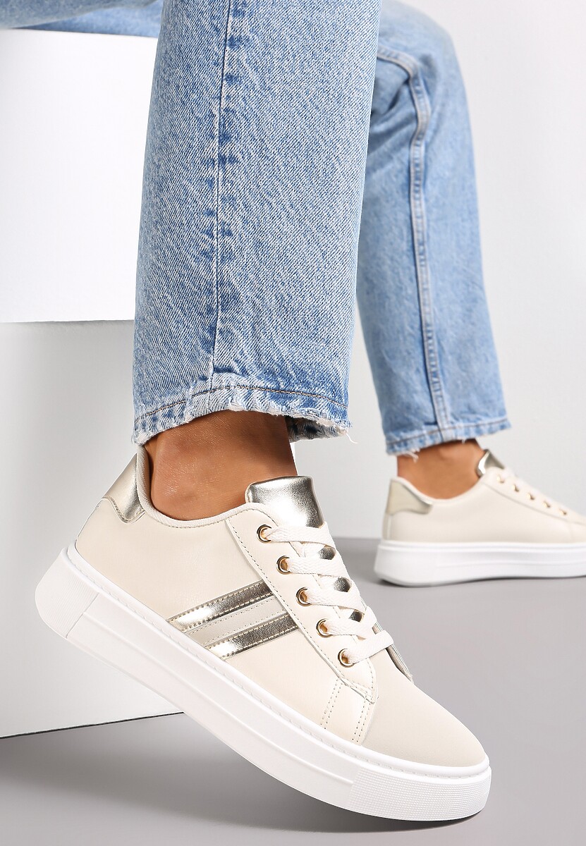 Beżowe Sneakersy Sznurowane na Grubej Podeszwie Livorna 2