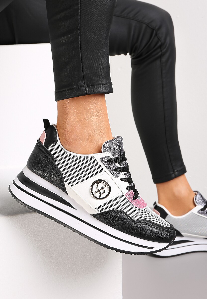 Czarne Sneakersy na Niskiej Platformie Zdobione Brokatem Efinas 1
