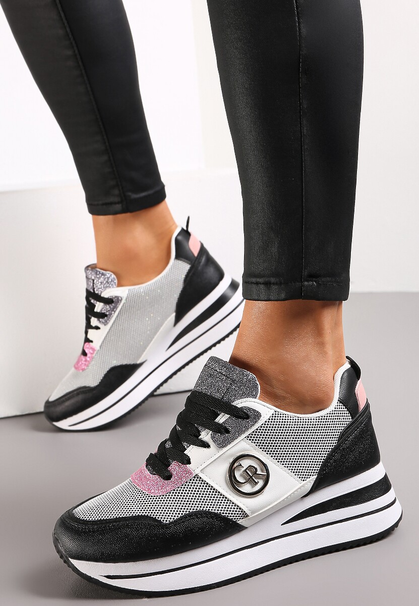 Czarne Sneakersy na Niskiej Platformie Zdobione Brokatem Efinas 2