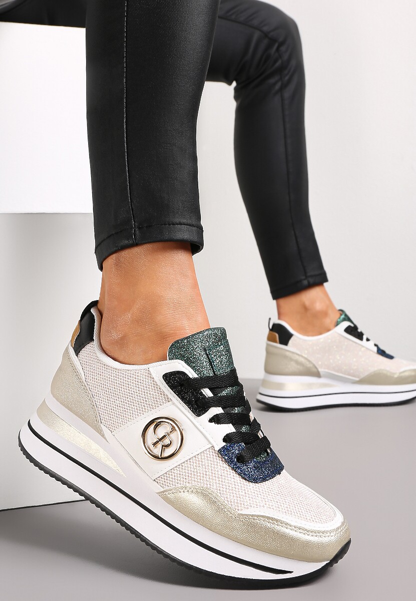 Złote Sneakersy na Niskiej Platformie Zdobione Brokatem Efinas 1