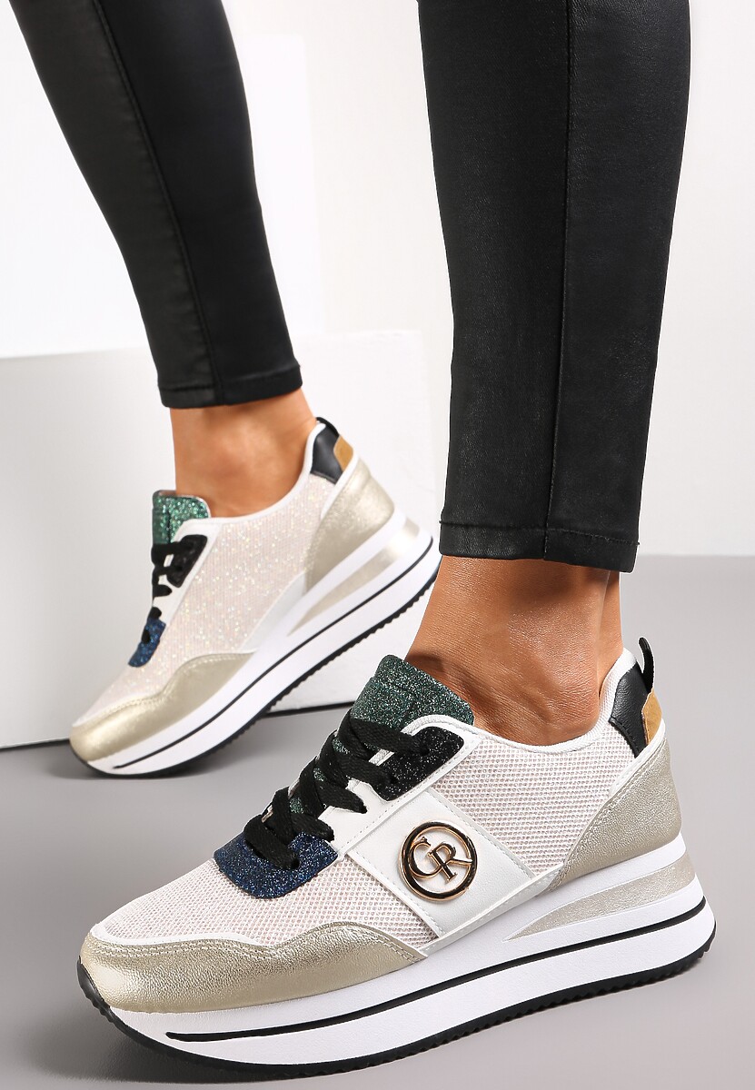 Złote Sneakersy na Niskiej Platformie Zdobione Brokatem Efinas 2