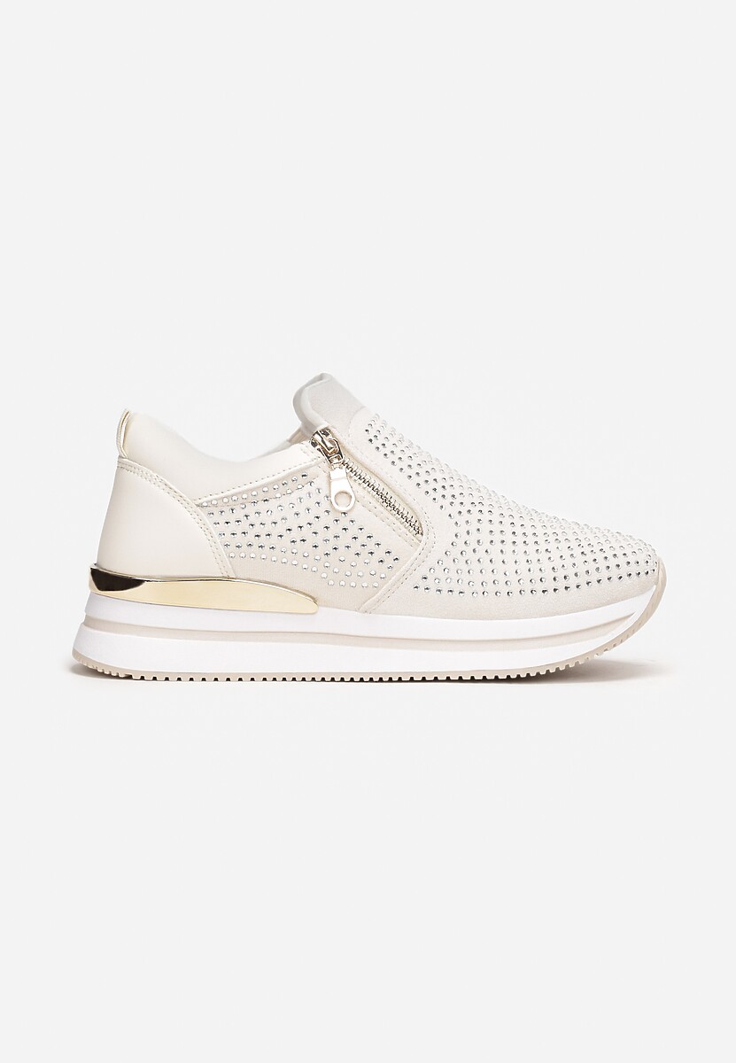 Beżowe Sneakersy z Suwakiem Zdobione Cyrkoniami Jesnila 3