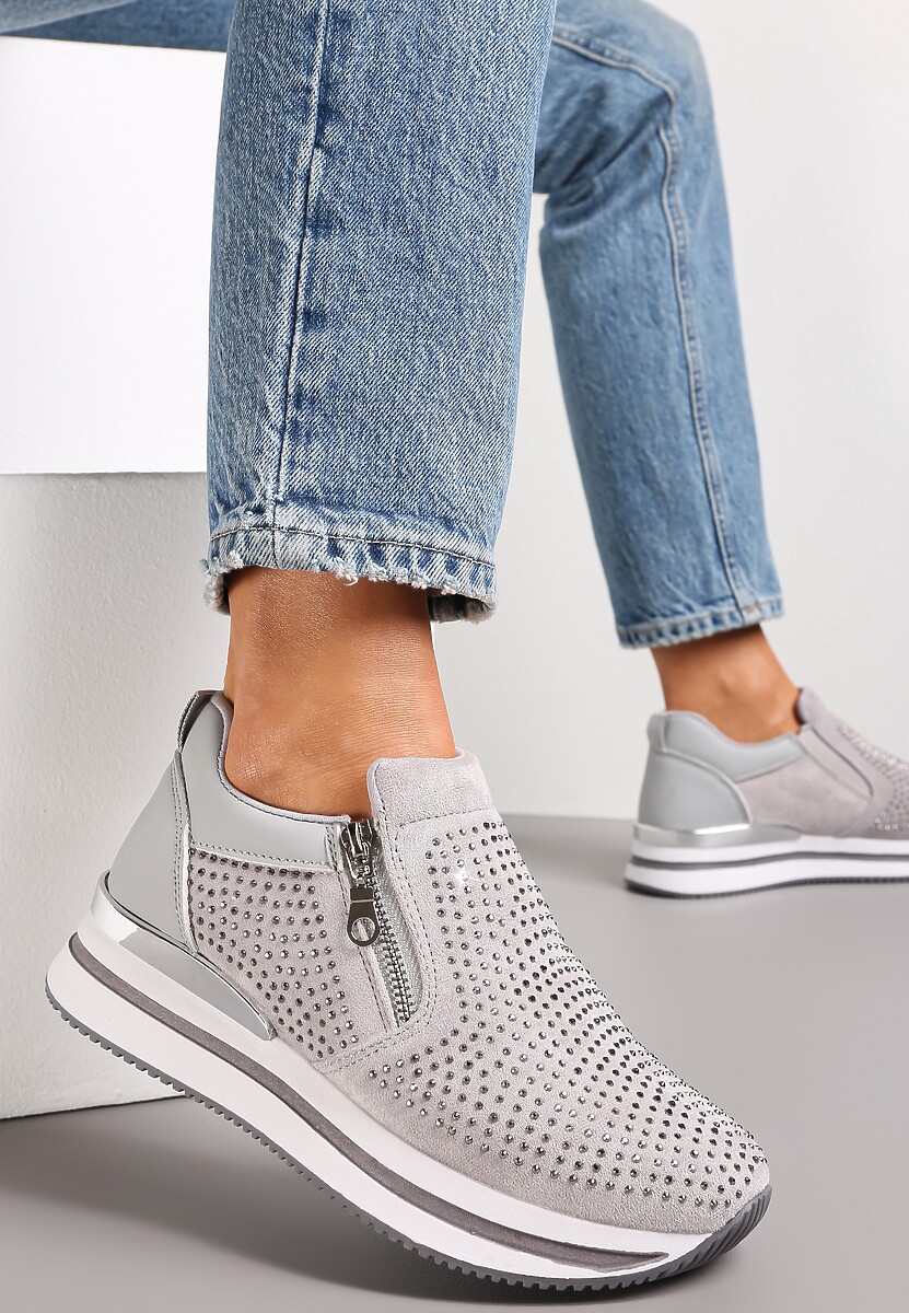 Szare Sneakersy z Suwakiem Zdobione Cyrkoniami Jesnila 1