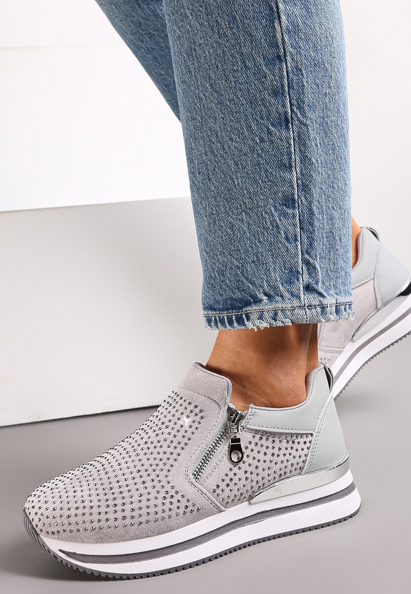 Szare Sneakersy z Suwakiem Zdobione Cyrkoniami Jesnila 2
