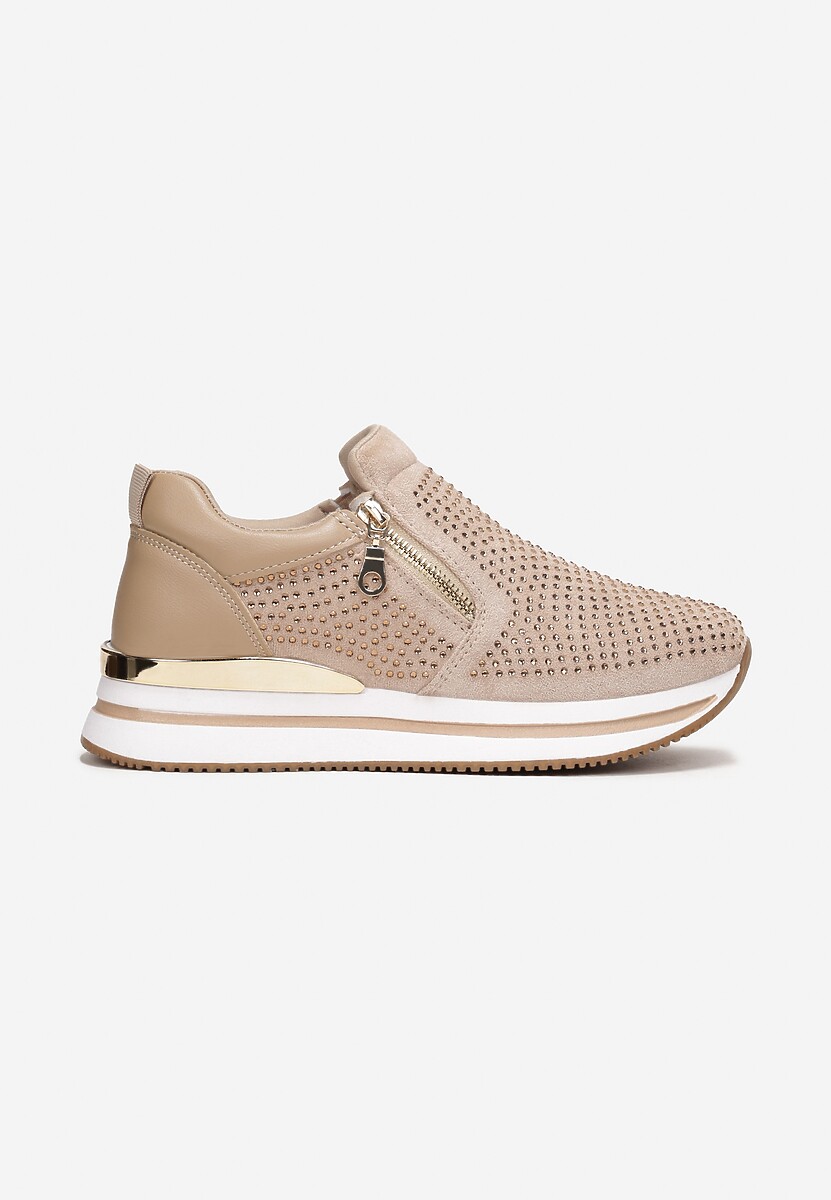 Ciemnobeżowe Sneakersy z Suwakiem Zdobione Cyrkoniami Jesnila 3