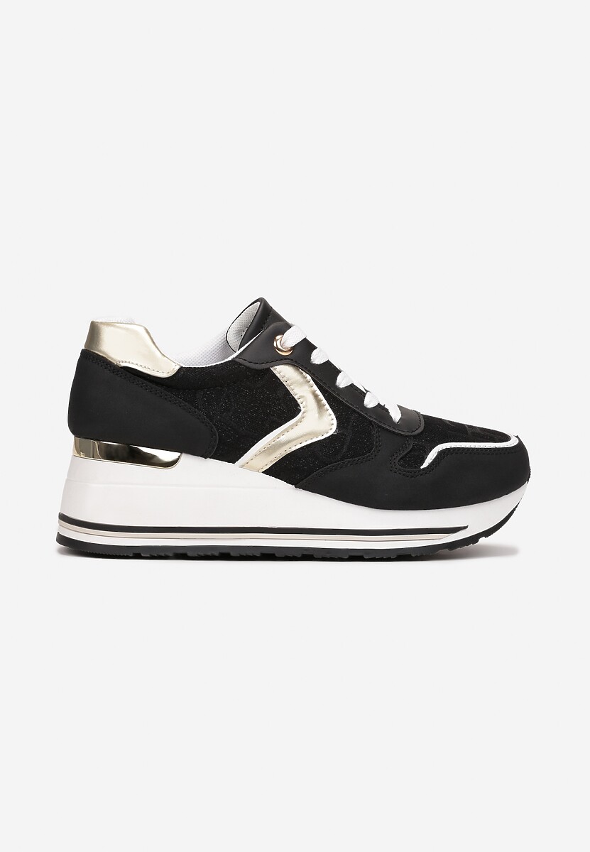 Czarno-Złote Sznurowane Sneakersy na Podeszwie z Koturnem Isies 3