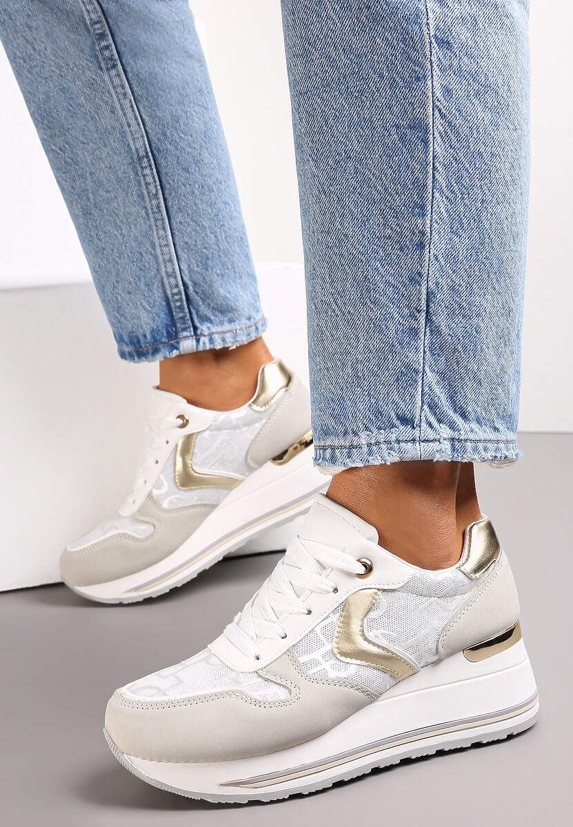 Biało-Złote Sznurowane Sneakersy na Podeszwie z Koturnem Isies 1