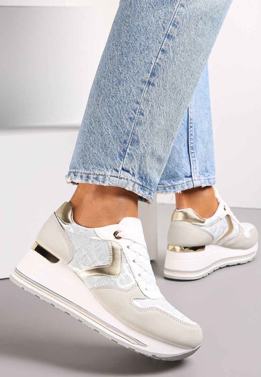 Biało-Złote Sznurowane Sneakersy na Podeszwie z Koturnem Isies 2