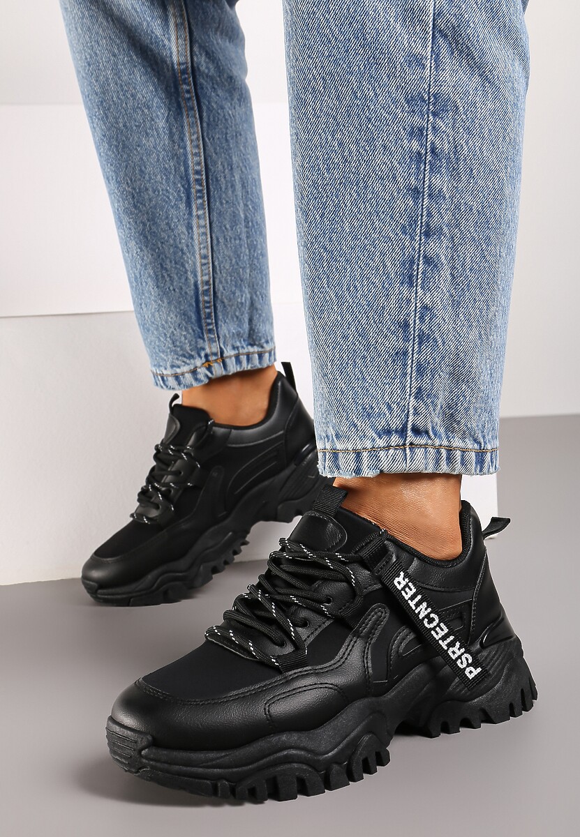 Czarne Sneakersy na Grubej Podeszwie z Dekoracyjną Taśmą Ilkins 3