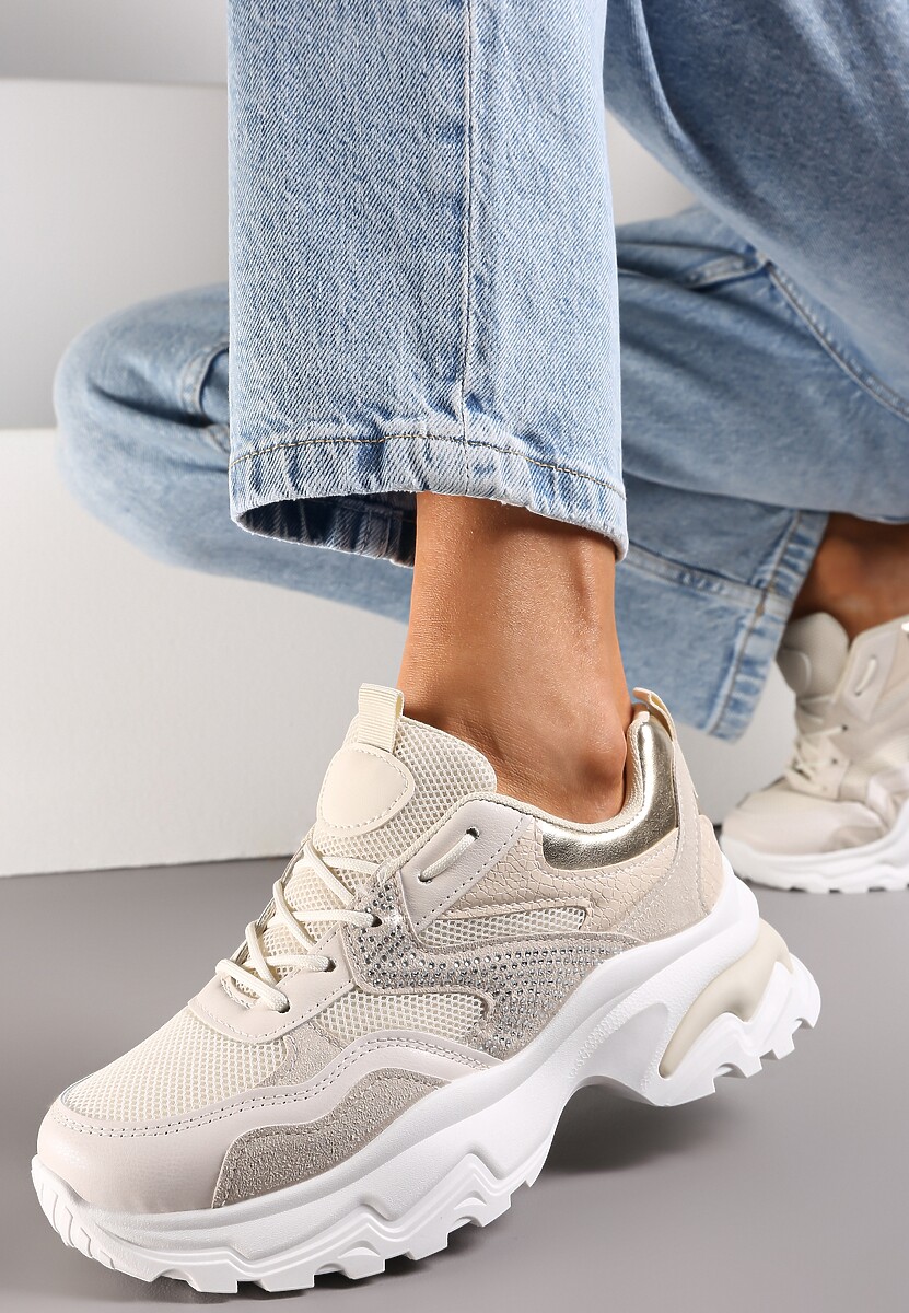 Beżowe Sneakersy na Grubej Podeszwie z Cyrkoniami Jholie 1